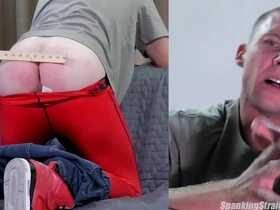 A muscular straight boy is spanked for being late again