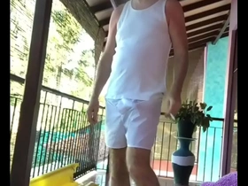 Cock out of white tee shirt and white boxer shorts
