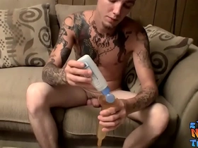 Tattooed straight thug blinx uses cock pump on hard dick